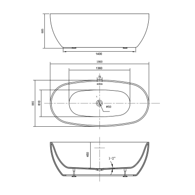 Ванна акриловая Vincea VBT-405-1860, цвет белый, щелевой перелив, слив хром