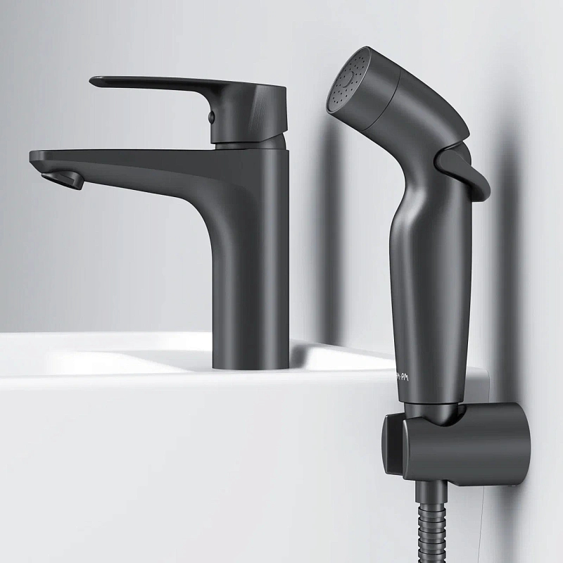 Смеситель для раковины (умывальника) AM.PM Gem F90A03022 c гигиеническим душем, черный