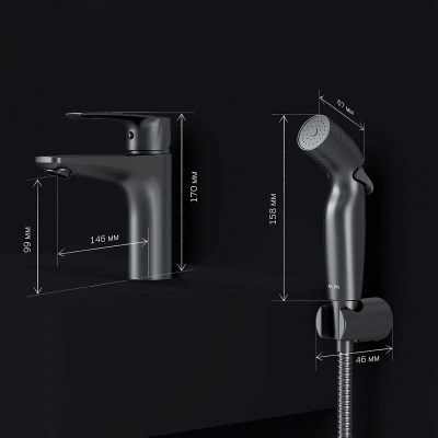 Смеситель для раковины (умывальника) AM.PM Gem F90A03022 c гигиеническим душем, черный