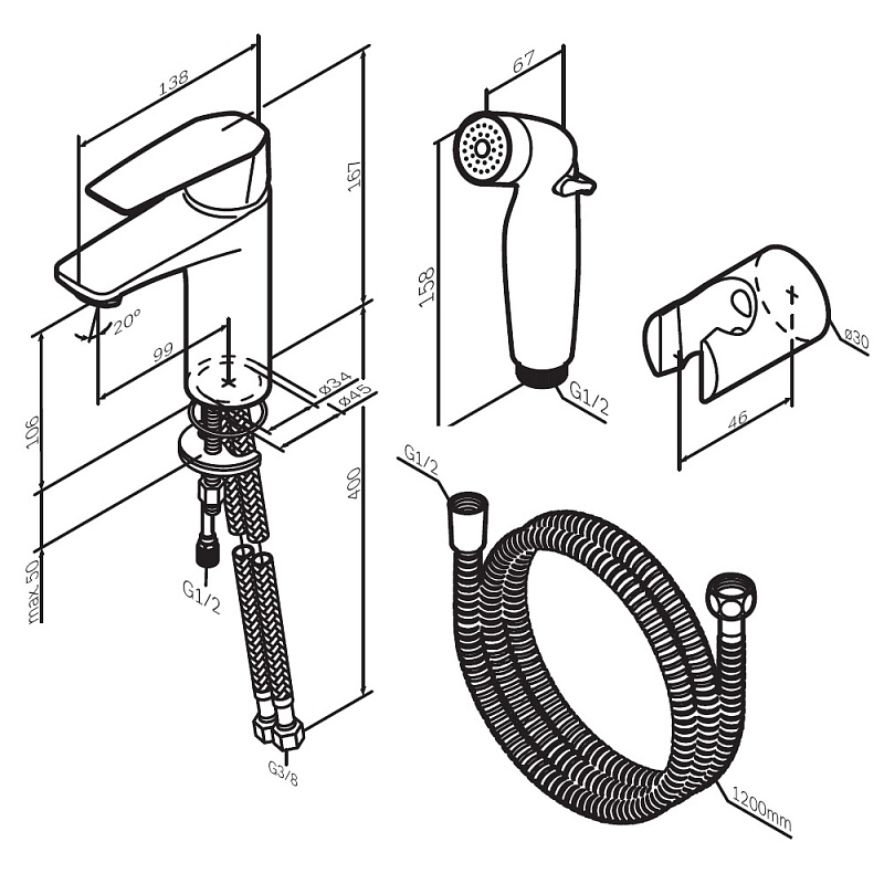 Смеситель для раковины (умывальника) AM.PM Gem F90A03022 c гигиеническим душем, черный