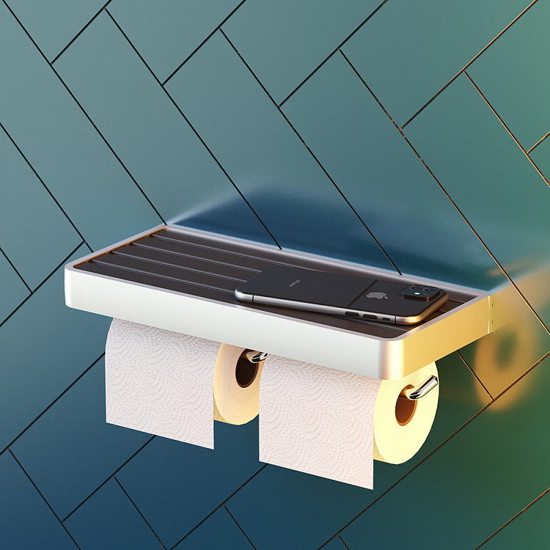 Держатель для туалетной бумаги настенный Damixa Jupiter DA77341900 двойной, с полочкой, серебристый, черный