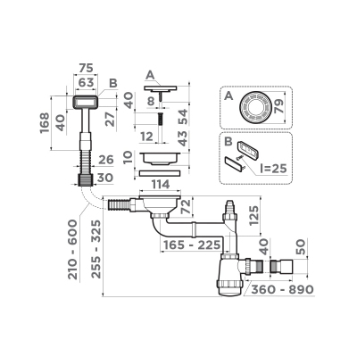 Арматура для одночашевых моек с прямоугольным переливом Omoikiri WK-1-AB022, 4956475