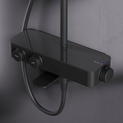 Душевая система AM.PM Inspire 2.0 F0750A522 стойка с тропическим душем, термостатом, смесителем, изливом, черная матовая