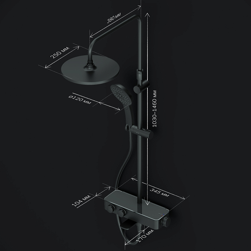 Душевая система AM.PM Inspire 2.0 F0750A522 стойка с тропическим душем, термостатом, смесителем, изливом, черная матовая