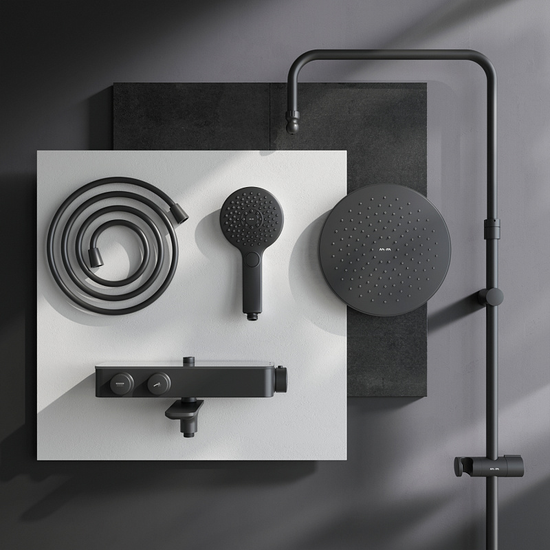 Душевая система AM.PM Inspire 2.0 F0750A522 стойка с тропическим душем, термостатом, смесителем, изливом, черная матовая