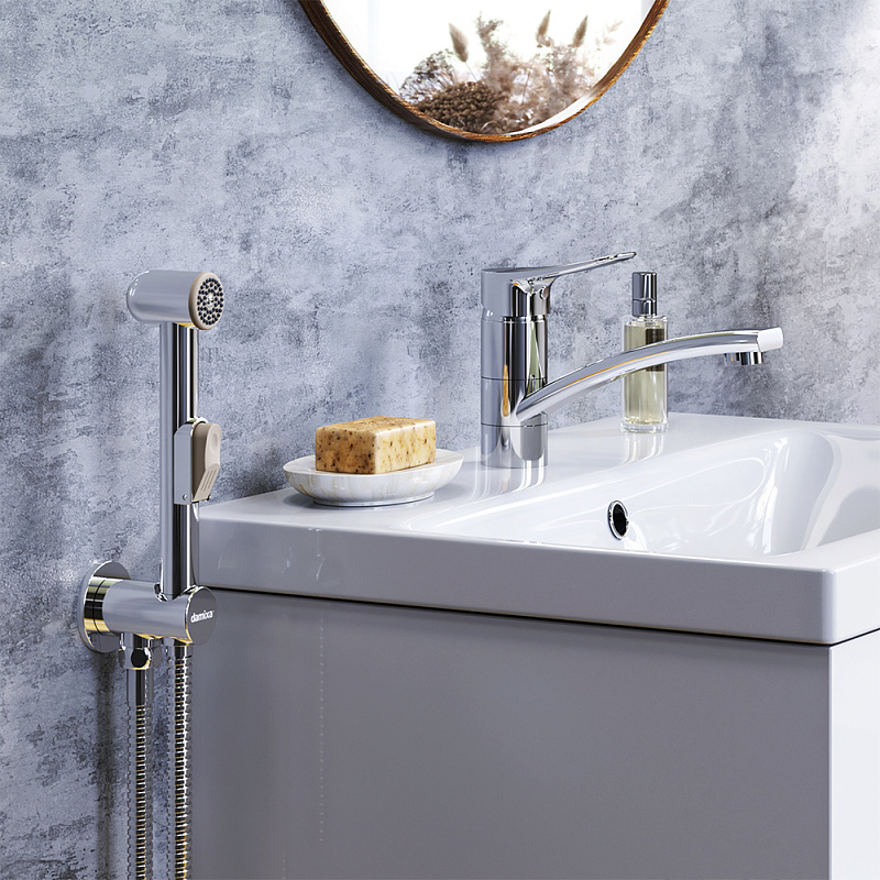 Смеситель для раковины (умывальника) Damixa Jupiter 770230001 с гигиеническим душем, поворотным изливом, хром