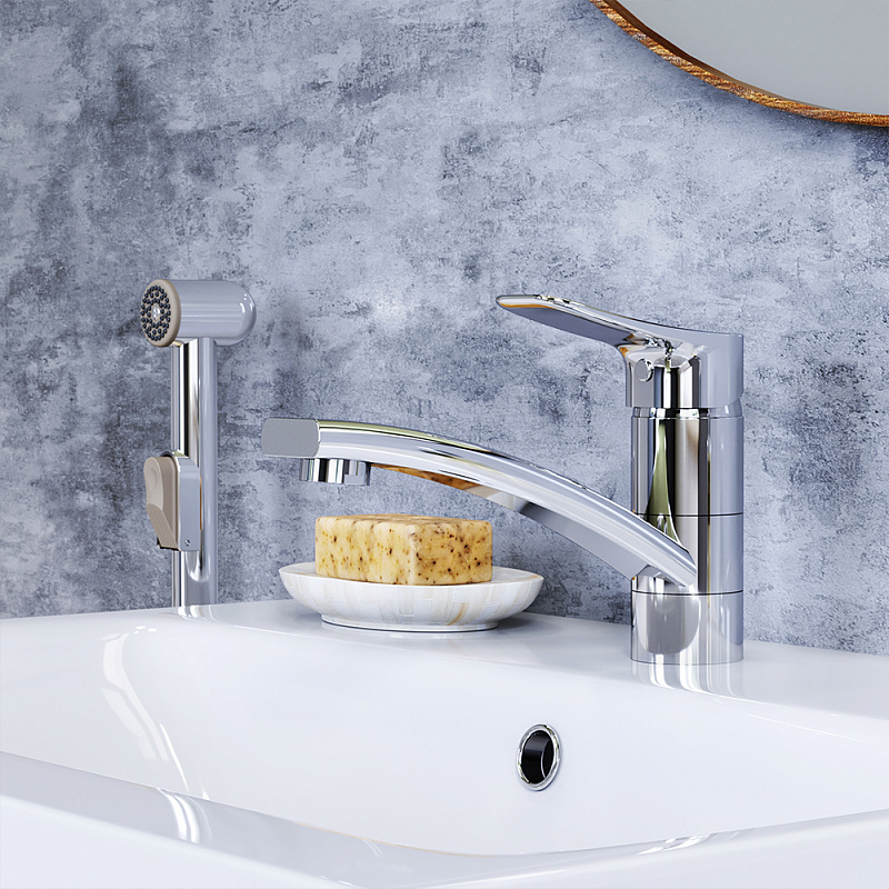 Смеситель для раковины (умывальника) Damixa Jupiter 770230001 с гигиеническим душем, поворотным изливом, хром