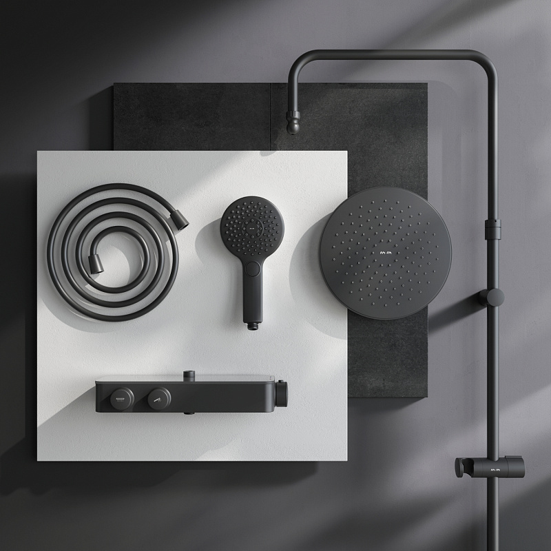 Душевая система AM.PM Inspire 2.0 F0750A422 стойка с тропическим душем, термостатом, смесителем, черная матовая