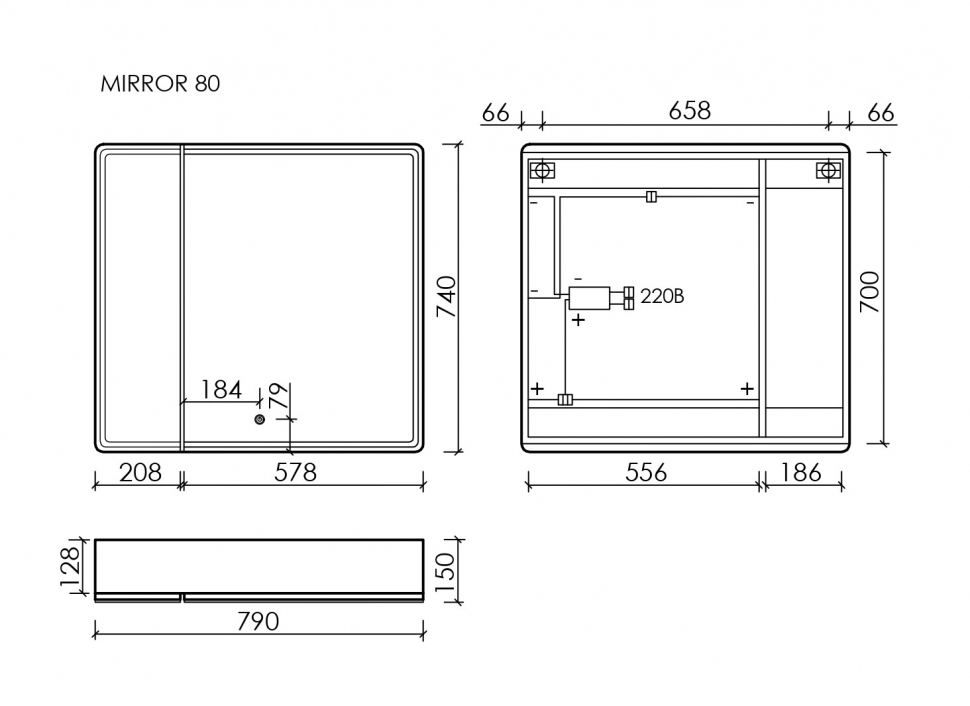 Зеркальный шкаф SANCOS Mirror 790x150х740 мм, с LED подсветкой, MI80ECH