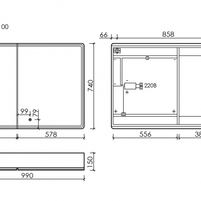 Зеркальный шкаф SANCOS Mirror 990x150х740 мм, с LED подсветкой, MI100EG
