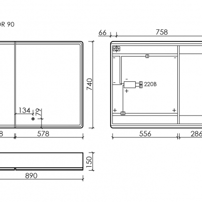 Зеркальный шкаф SANCOS для ванной комнаты SANCOS Mirror 890x150х740 мм, с LED подсветкой, цвет дуб галифакс натуральный, MI90EG