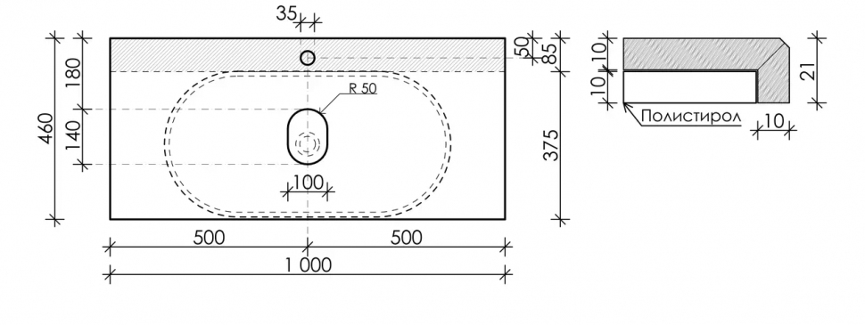 Столешница для ванной комнаты SANCOS 1000х460 с отверстием под смеситель, цвет black sky, артикул TT100A1X, TT100A1X
