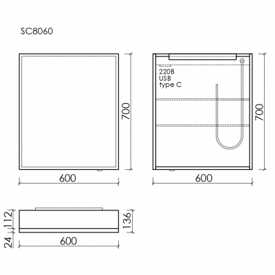 Зеркальный шкаф SANCOS для ванной комнаты из алюминия SANCOS Evoke 600x700х136 мм, с LED подсветкой, SC8060