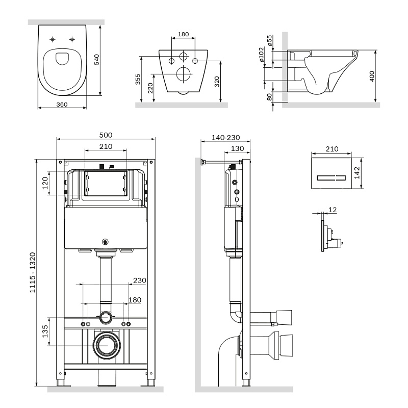 Унитаз подвесной безободковый с инсталляцией AM.PM Inspire IS450A38.501700 сиденьем микролифт, черной сенс. клавишей