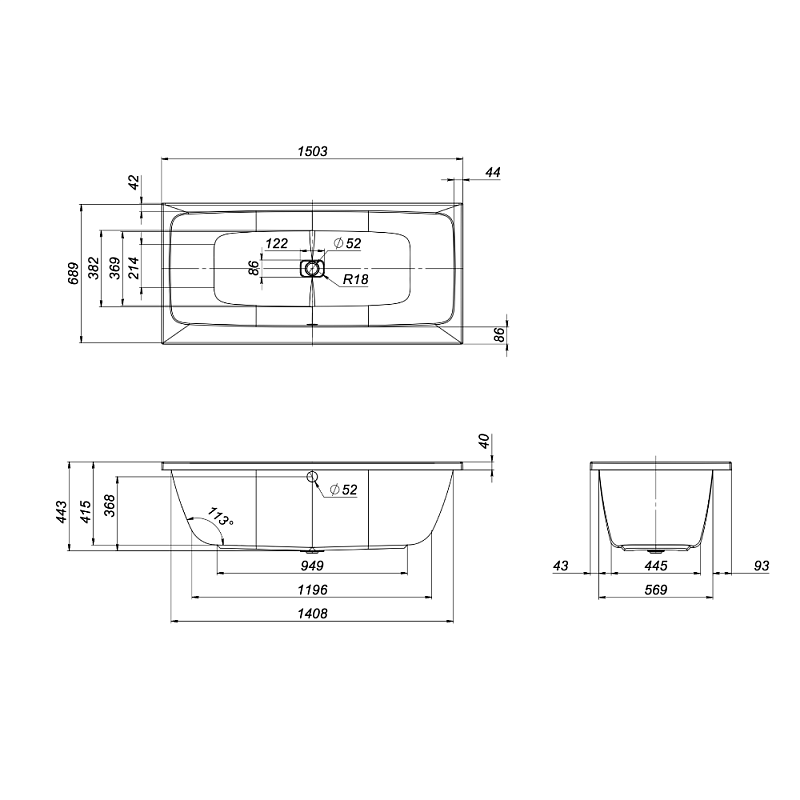 Ванна акриловая 150x70 AM.PM Func W84A-150-070W-A белая глянцевая