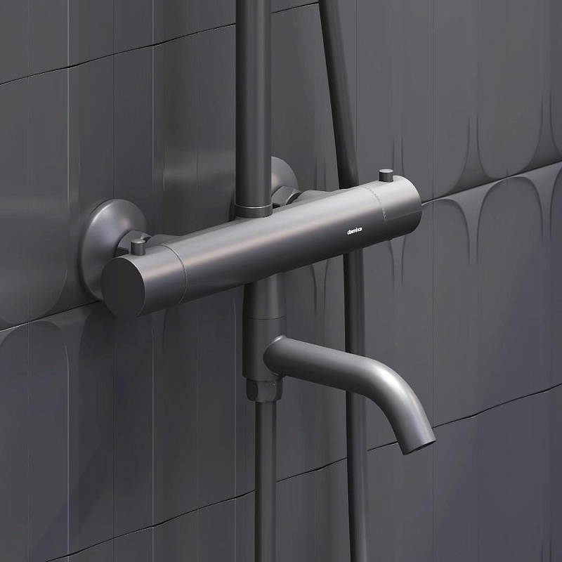 Душевая система Damixa Jupiter 977810300 стойка с тропическим душем, термостатом, смесителем, изливом, черная матовая