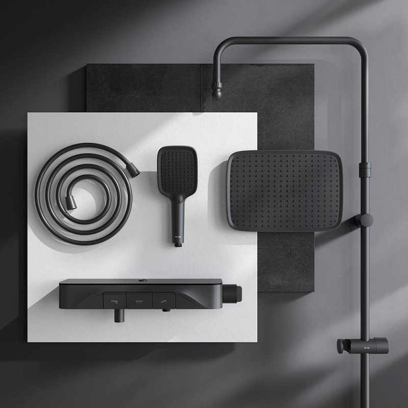 Душевая система AM.PM Func F078F322 стойка с тропическим душем, термостатом, смесителем, изливом, черная