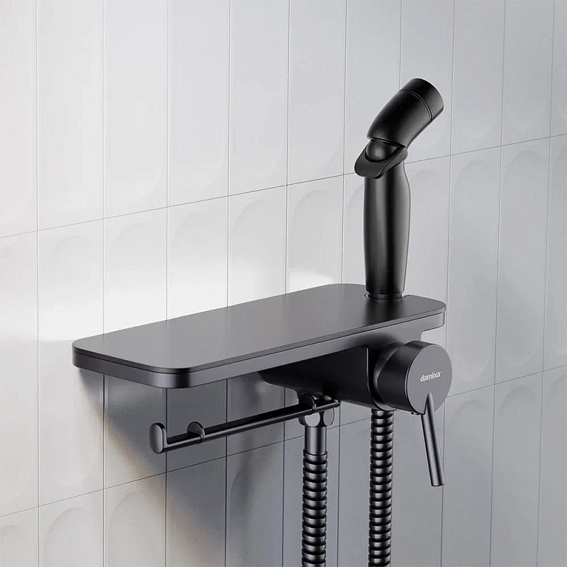 Гигиенический душ со смесителем Damixa Jupiter 773500301 черный встраиваемый, полка, шланг 1200, держатель туалетной бумаги