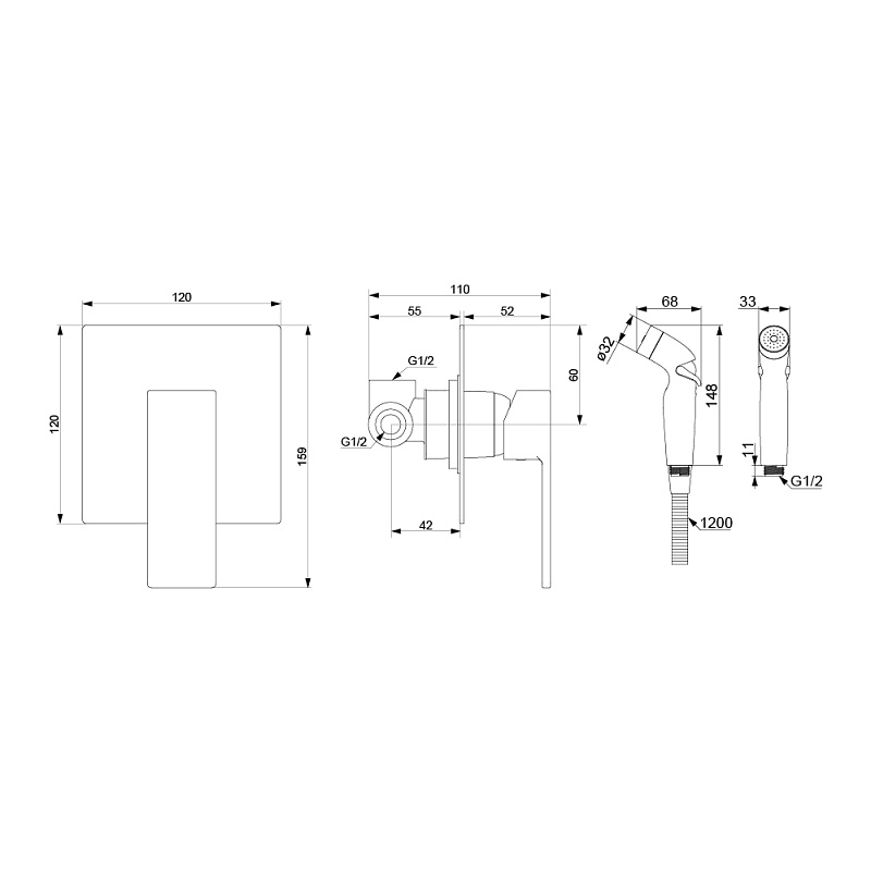 Гигиенический душ со смесителем Damixa Gala 537510300 черный встраиваемый, шланг 1200, держатель