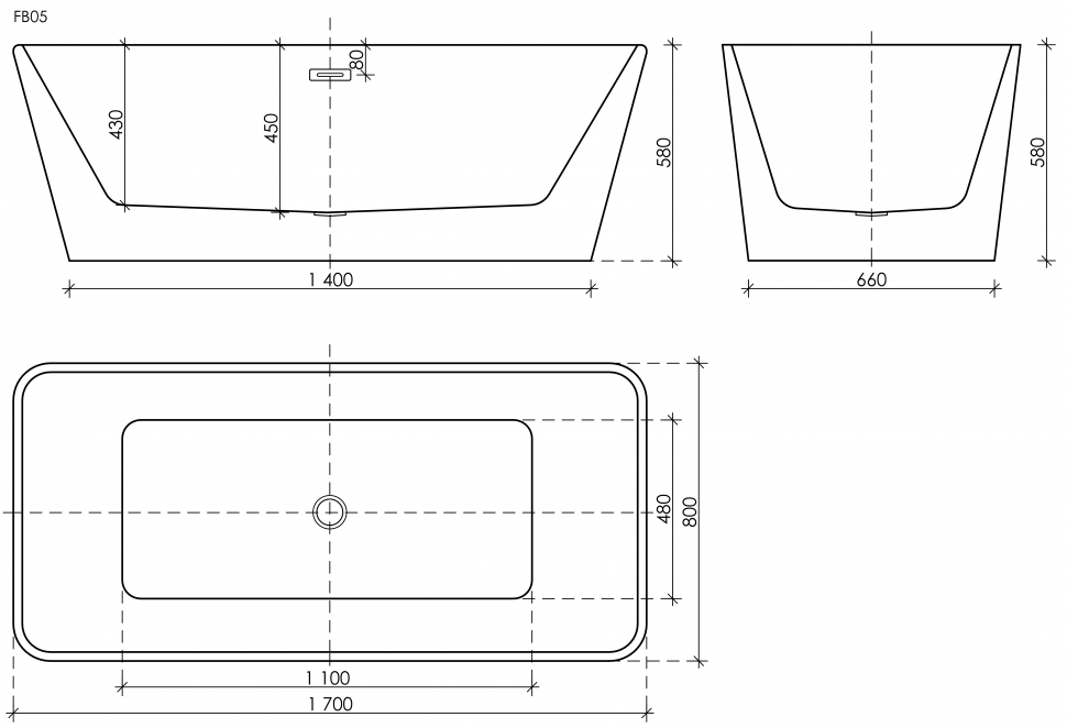 Ванна SANCOS Dama акриловая отдельностоящая, белый 1700x800x580мм, FB05