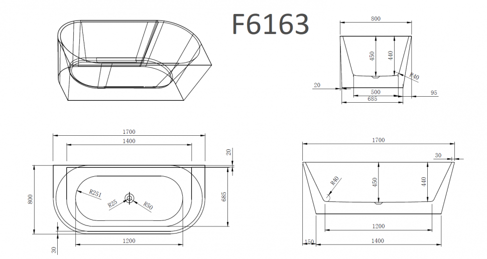 Ванна Frank F6163 White 170x80 белая пристенная, 12530