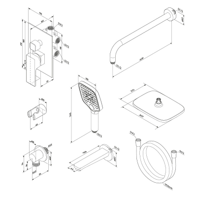 Встраиваемая душевая система Damixa Gala 953510300 черная: тропический верхний душ, ручной душ, излив