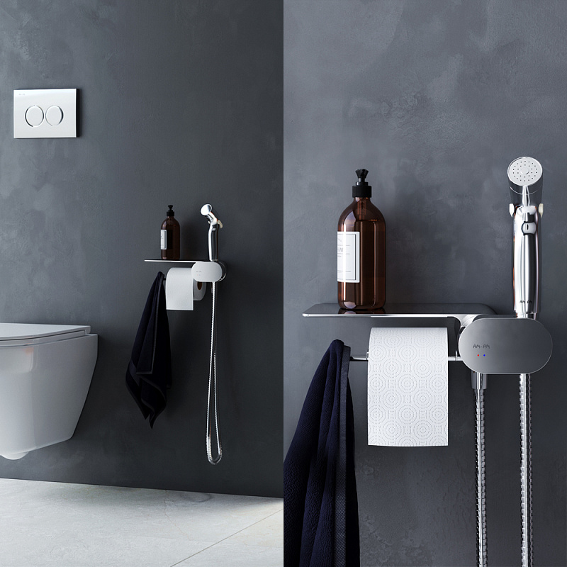 Гигиенический душ со смесителем AM.PM Like F0202600 хром встраиваемый, полка, шланг 1200, держатель туалетной бумаги