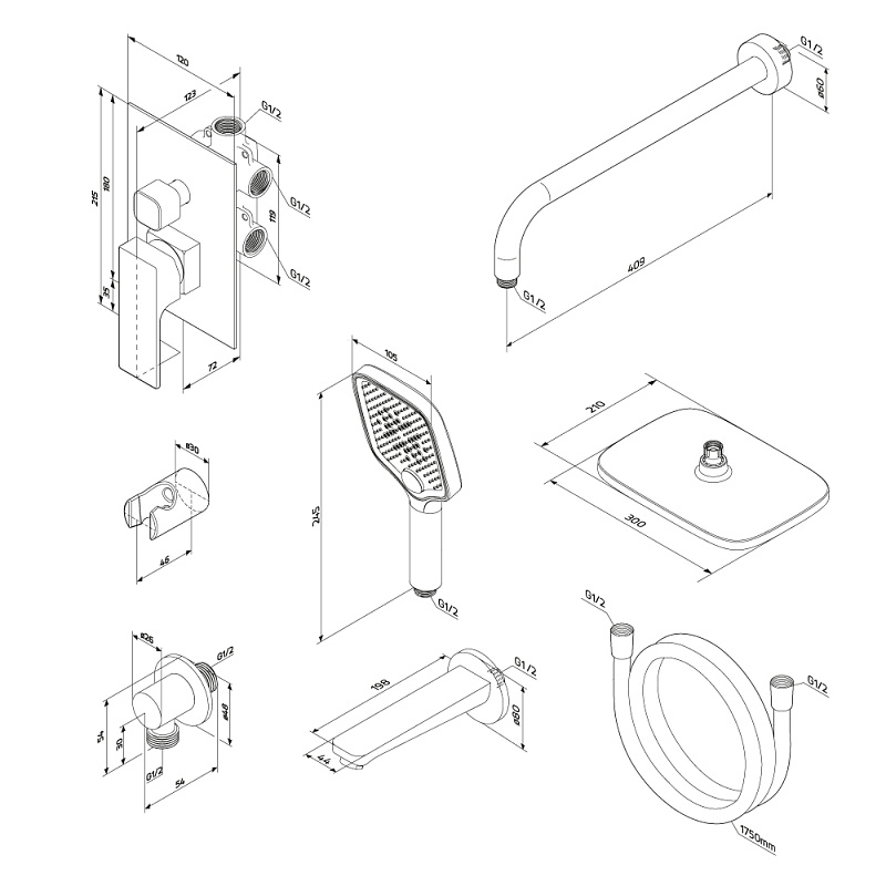 Встраиваемая душевая система Damixa Gala 953510000 хром: тропический верхний душ, ручной душ, излив
