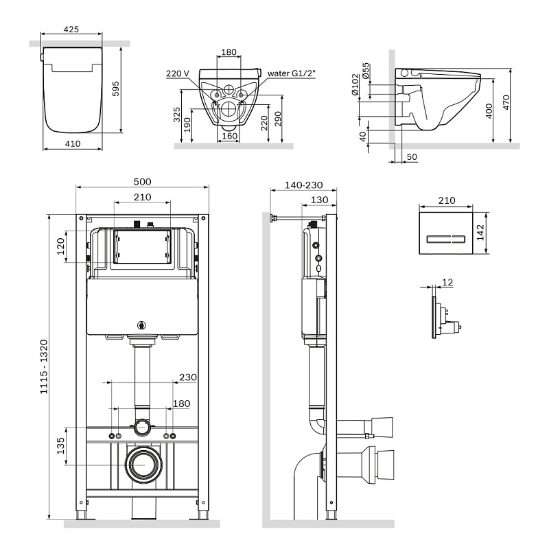 Унитаз-биде подвесной безободковый с инсталляцией AM.PM Inspire 2.0 IS450A38.CCC50A сиденьем микролифт, черной сенс. клавишей