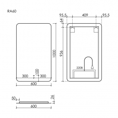Зеркало SANCOS c подсветкой Ray, 600х1000, RA600
