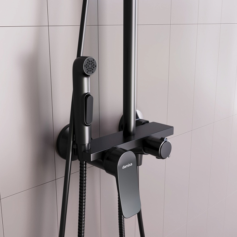 Душевая система Damixa Apollo DX220910300 стойка с тропическим душем, смесителем, черная матовая