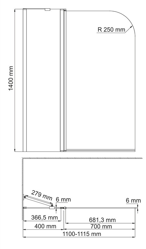 Стеклянная шторка на ванну Wasserkraft Leine 35P02-110WHITE Fixed