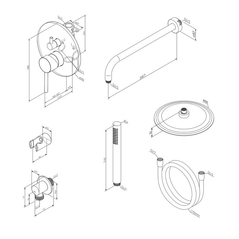 Встраиваемая душевая система Damixa Scandinavian Pure 936520000 хром: тропический верхний душ, ручной душ