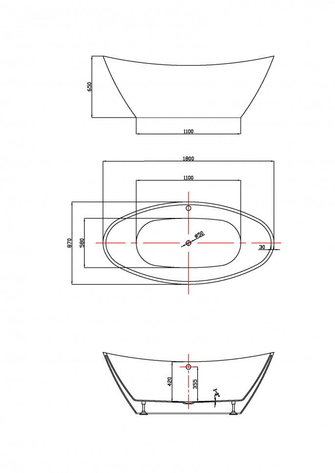 Ванна акриловая Vincea VBT-203, цвет белый, щелевой перелив, слив хром